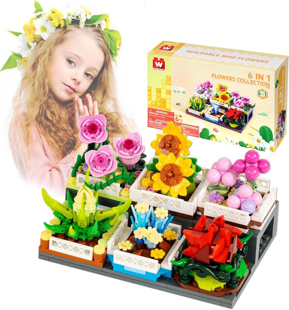 Succulent Bonsai Building Toy, Botanical Collection Plant and Flower Rose, Plant Building Block for Home Decoration, Gift Ideas for Adults Teens Kids (Pack of 6)