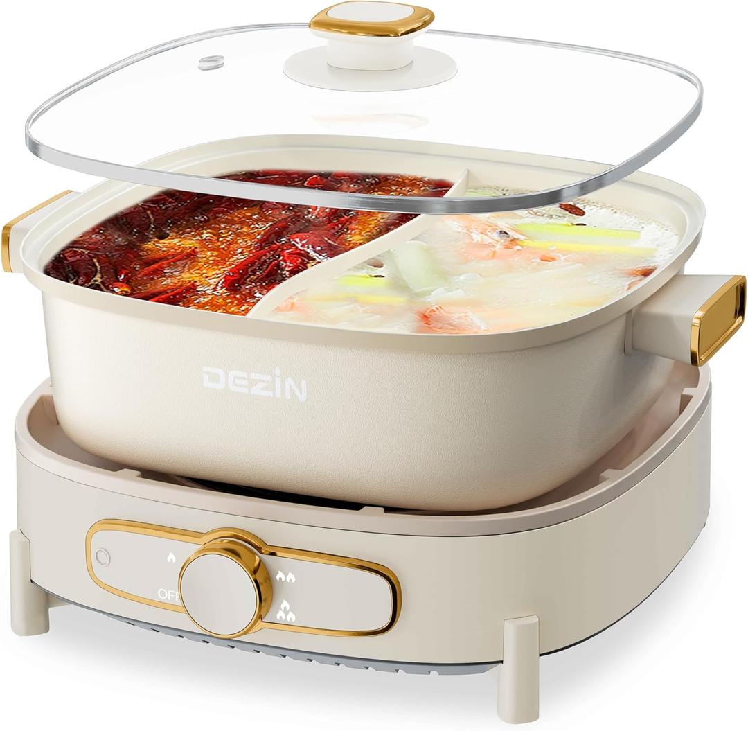 Dezin Hot Electric Shabu Shabu Pot, 5.5L Double-Flavor, Removable Non-Stick Dual Sided Cooker, 3" Depth Divided Pot with Multi-Power Control, 2 Silicone Ladles (Beige)