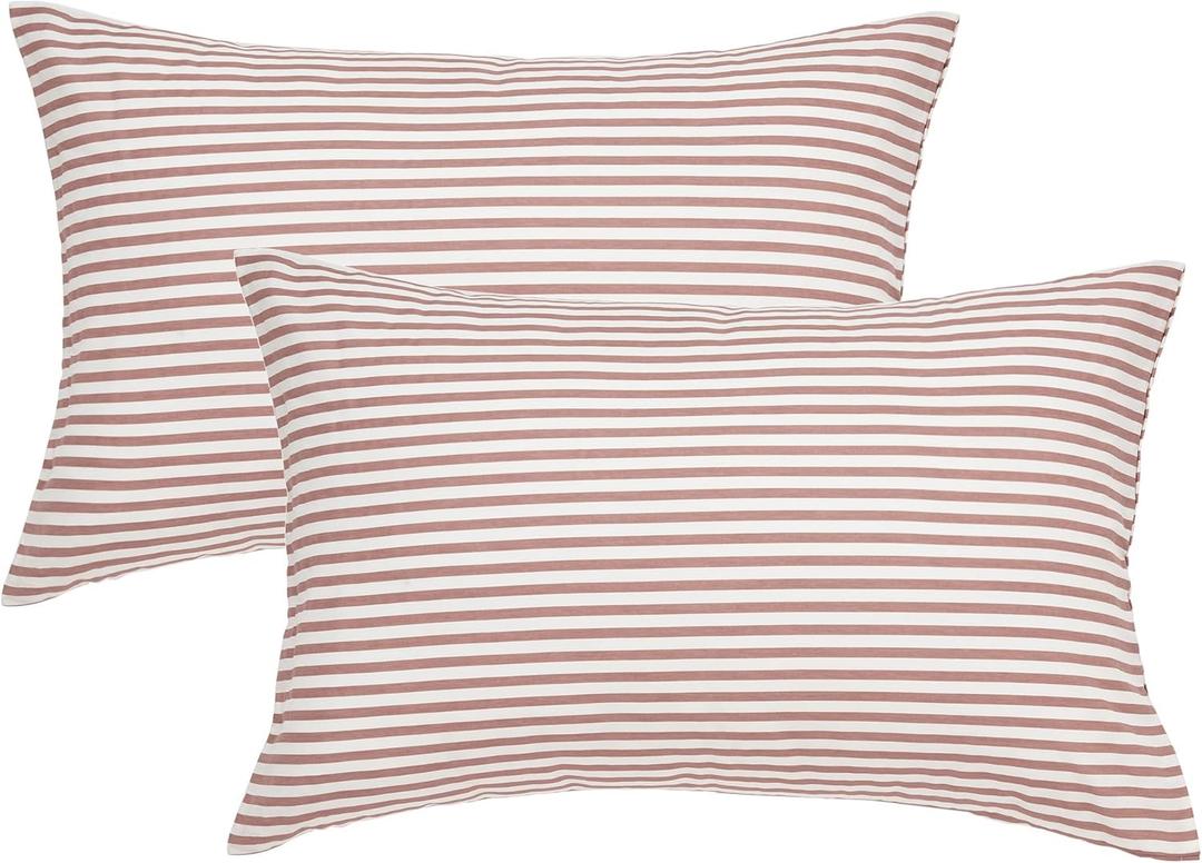 JELLYMONI 100% Natural Cotton Striped Standard Pillowcases Set, 2 Pack White and Pink Stripes Pattern Printed Pillow Covers with Envelope Closure(Pillows are not Included)