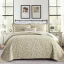 Quilts King Size - 100% Cotton Quilt Set with Matching Shams, Botanical Floral Design Farmhouse Bedspread, 3 Pieces Summer Lightweight Coverlet Set with Solid Reverse, Khaki/White (King(98"x106"))