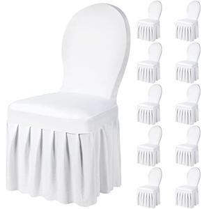 Oudain 10 Pcs White Chair Covers with Skirt Spandex Chair Slip Covers Wedding Long Stretch Protectors Removable and Washable for Dining Chairs Hotel and Wedding Ceremony