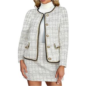 Women's 2 Piece Outfits Plaid Button Front Long Sleeve Tweed Jacket and Mini Skirt Elegant Set, Large