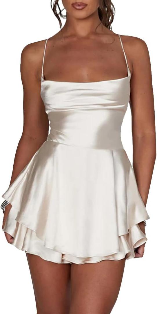 LuFeng Women's Elegant Satin A-line Summer Sleevesless Rompers Bandage Back Spaghetti Strape Tiered Mini Dress Jumpsuits (White) L