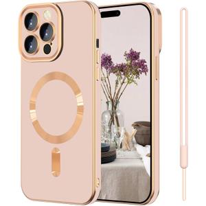 iPhone 15 Pro Max Case,iPhone 15 Pro Max Phone Case[Compatible with MagSafe] Magnetic Slim Thin Lanyard Wrist Strap Plating Shockproof Protective Phone Cover for iPhone 15 Pro Max 6.7", Pink