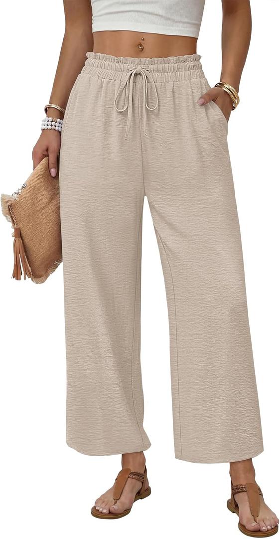 WIHOLL Wide Leg Pants Woman Flowy Palazzo Drawstring Elastic Waist Trousers with Pockets Casual Lounge (Beige, S)