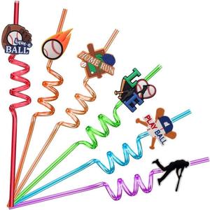 24pcs Baseball Reusable Drinking Plastic Straws for Birthday Party Favors Gift Bags Perfect for Kids Party Supplies with 2 Cleaning Brushes