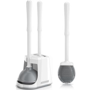 Unique Toilet Plunger and Brush, Silicone Brush and Heavy Duty Toilet Plunger Set with Ventilated Holder, 2-in-1 Toilet Brush and Plunger Combo for Bathroom Cleaning-New Pack (White)