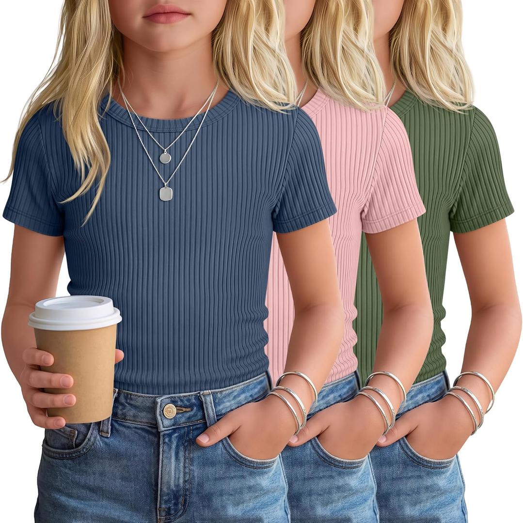 3 Pack Girls Short Sleeve Slim Fit Tops | Cotton, Tight, Ribbed Knit, Crewneck, Round Neck, Cute, Casual, Basic Tees, Solid, Plain, Summer, Versatile, Comfortable