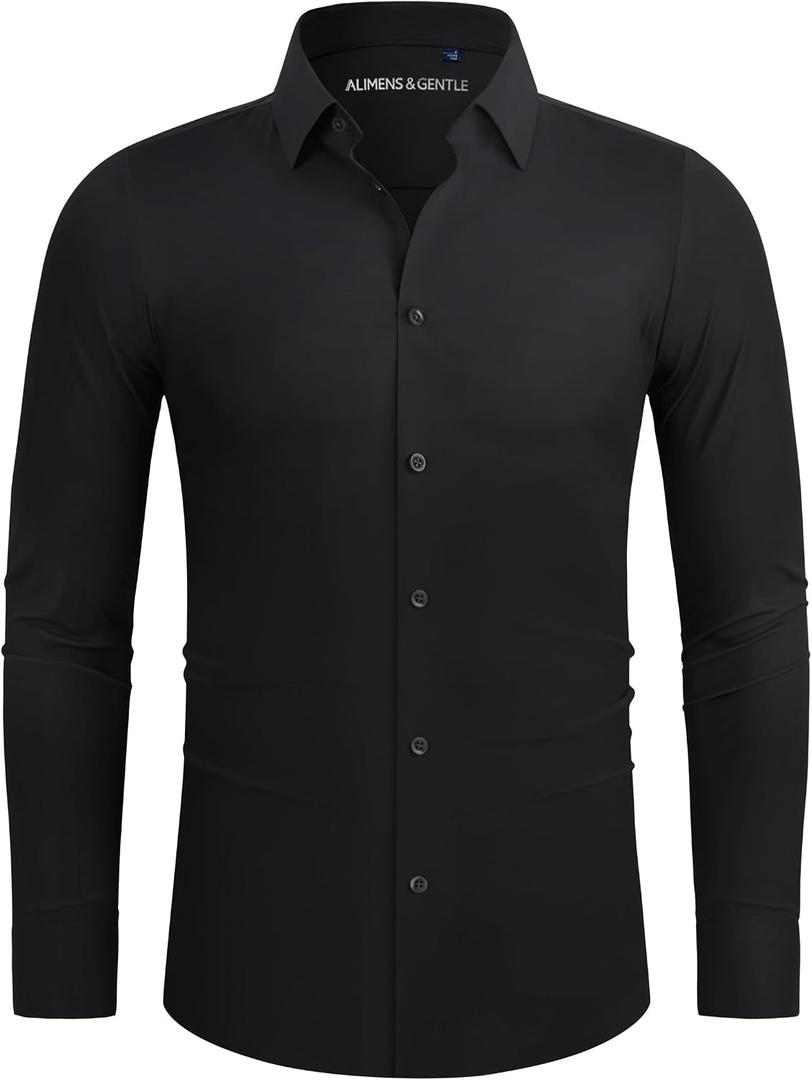 Alimens & Gentle Stretch Mens Dress Shirts Slim Fit Long Sleeve Casual Skinny Muscle Fit Wrinkle Free Button Down Shirt L