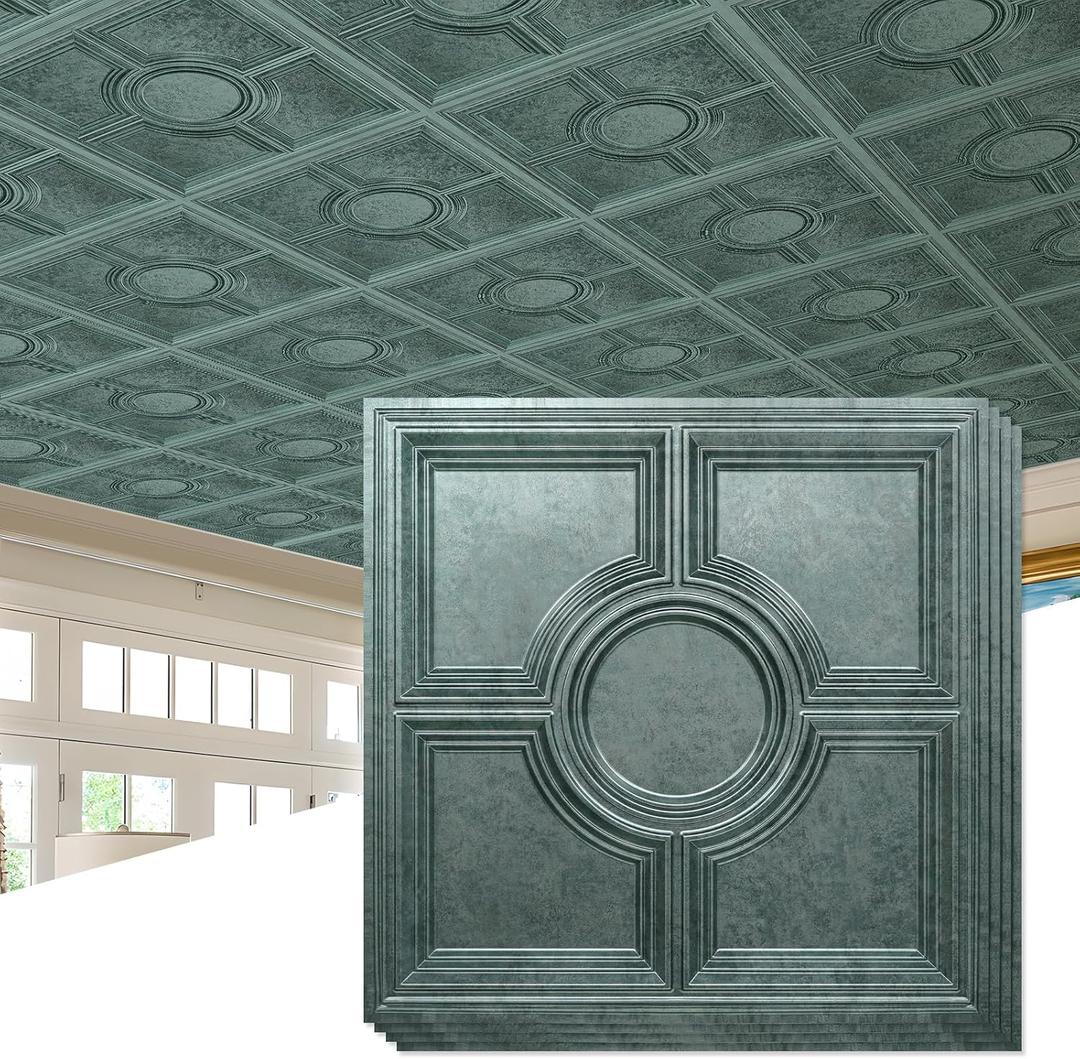 STICKGOO PVC Ceiling Tiles 24 x 24in, Antique Green Bronze Decorative Drop Ceiling Tiles,12-Pack Cover 48 Sq. Ft (24"x24")