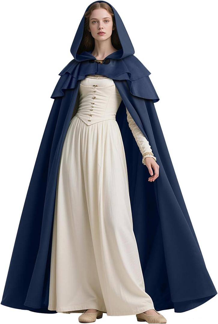 L'VOW Medieval Hooded Cloak Renaissance Cape with Ruffled Shawl Collar for Women Men Halloween Cosplay, Navy Blue, One Size