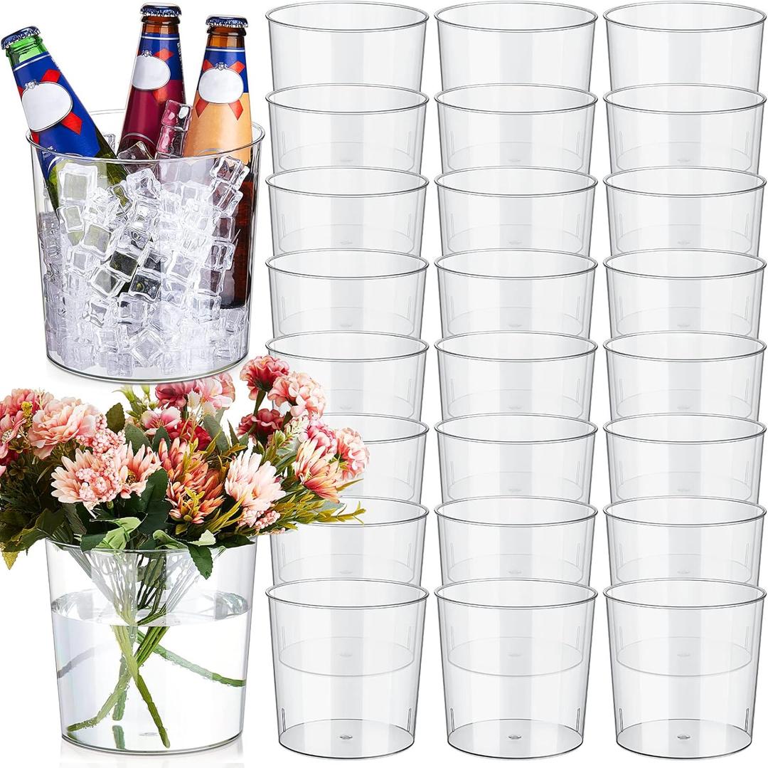 Plastic Ice Bucket Clear Flower Vases 6L Large Champagne Beer Buckets Classic Transparent Wine Chiller Tub Portable Wine Cooler Bucket Multipurpose Trash Can Wastebasket for Party Bar Kitchen (24 Pcs)