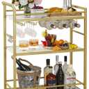 3 Tier Bar Cart Gold, Stylish Rolling Bar Cart, Gold Wine Cart with Wheels, Small Beverage cart, Metal Bar Carts Home, Liquor Cart with Glass Holders & Wine Rack for Kitchen Living Room GBC507G