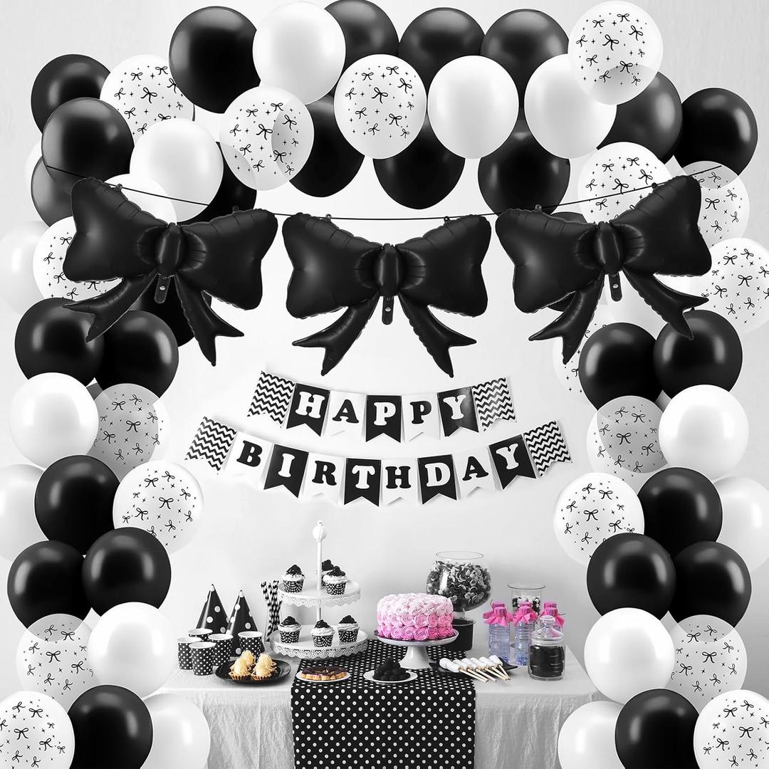 Leyndo 52 Pcs Black Bow Birthday Decorations Kit, 31.5'' Giant Black Bow Foil Balloon and 12'' Latex Balloons for Girls Women Coquette Bridal Engagement Wedding Baby Shower Birthday Party Supplies