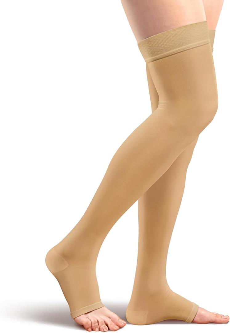 Amazon Basics Medical Compression Stockings, 20-30 mmHg Support, Women & Men Thigh Length Hose, Open Toe, Beige, Medium