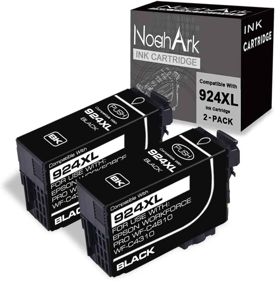 NoahArk 2 Packs 924XL Remanufactured Ink Cartridge Replacement for Epson 924 T924XL High Yeild for Epson Workforce Pro WF-C4810 WF-C4310 Printer (2 Black)