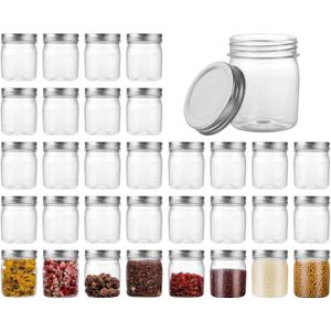 Naivees Plastic Mason Jars Reusable Storage Containers with Silver Airtight Lid 8 Ounce Clear Jars for Dry Foods, Coffee,BPA Free (32 Pack-Black)