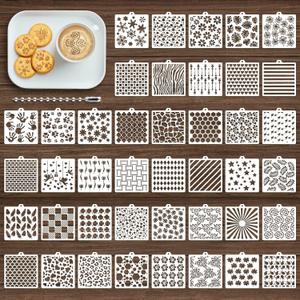 42PCS Cookie Stencils Reusable Cookie Cake Stencils Royal Icing, Plastic Baking Stencil for Cake Decorating Buttercream Dessert Coffee DIY Drawing Birthday Party (Random Style 5.5In)
