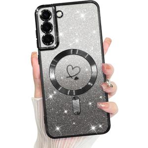 Bonoma Compatible with Samsung Galaxy S21 Plus Case Support for MagSafe, Plating Heart Glitter Magnetic Case TPU Camera Protection Back Cover for Phone Case -Black