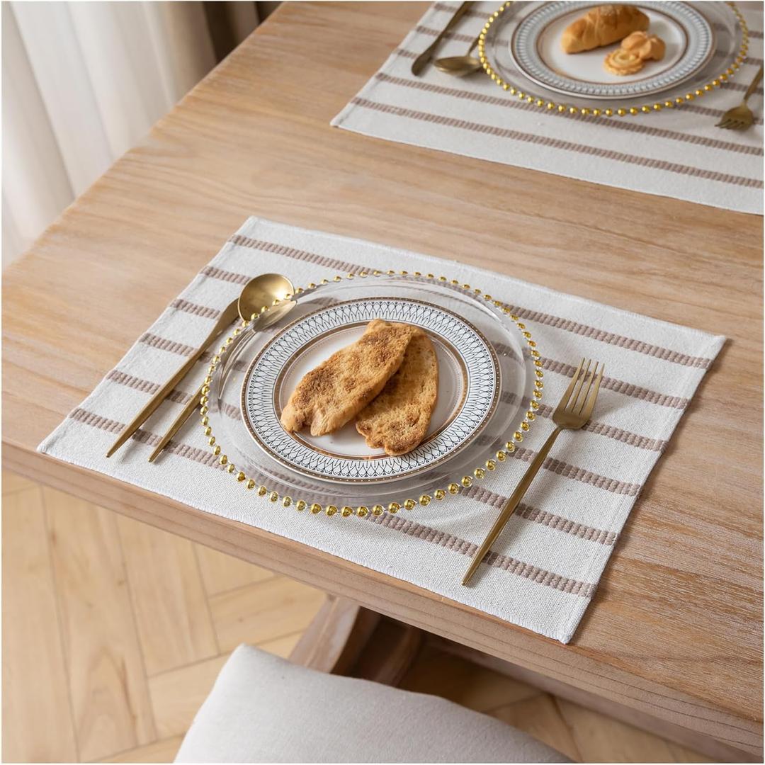 Caflife Boho Farmhouse Placemats Set of 6, Taupe Stripes Cotton Linen Woven Table Mats for Modern Dining Table, 13x19 Inch Rustic Kitchen Decor Place Mats
