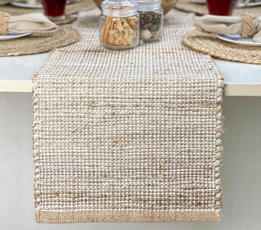 Chardin home Natural Jute Table Runner 13x108 Inch Vintage Boho Rustic Table Decor Handwoven Long Table Runner in Natural Jute and Ivory Farmhouse Dining or Console Table Accent