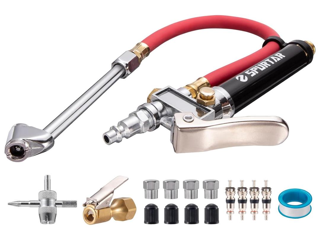 Spurtar 10-120 PSI Heavy Duty Tire Pressure Gauge with Inflator Air Chuck with Pressure Gauge with 4 Way Tool and Valve Cores Air Compressor Attachments Tire Inflator Nozzle for Car Automotive Truck