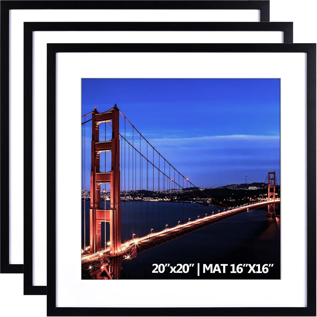 Yaetm 20x20 Black Picture Frame Matted to 16x16 Set of 3, Thin Large Square Frame 20 x 20 for Gallery Wall Display, Hanging Hardware Included (3 Pack, Black)