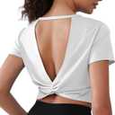 Open Back Workout Tops for Women Crop Yoga Shirts Lightweight Twist Back Athletic Running Gym Tops (White)