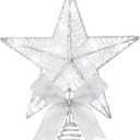 Sumind 9.8 x 11.8 Inch Christmas Star Tree Topper Glittered Star Metal Plug in Treetop Ornaments with Bow and 30 LED String Light for Christmas Tree Indoor Holiday Party Decoration(White)