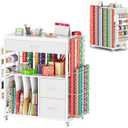 PUNLUXU Large Wrapping Paper Storage Cart with Ribbon Holder 03 MAX | Large gift wrap station with storage for up to 30 rolls, ribbon dispenser, gift bag area, drawers and lockable casters