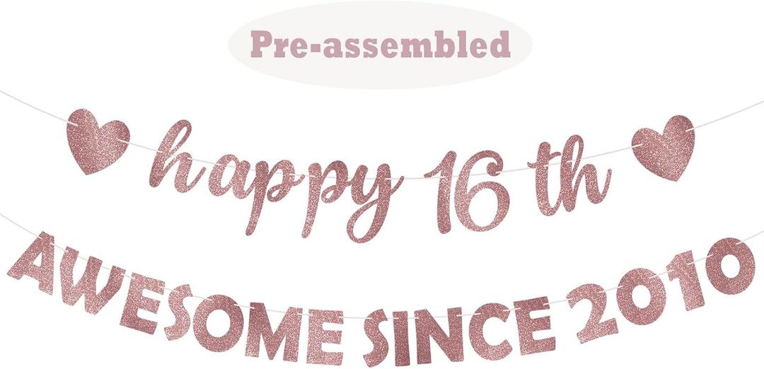 Eucutur Pink Rose Gold Sweet 16 Party Decorations for Girls Women, Pre-Strung Giltter Awesome Since 2010 16th Birthday Banner Party Supplies, Sixteen Years Old Hanging Banner Photo Props Decor Sign
