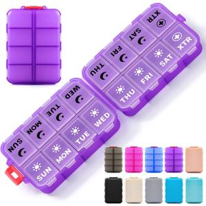 Foldable Weekly Pill Organizer 2 Times a Day with 2 Extra Compartments (Clear Printed Labels) - 7 Day AM PM Medicine Box, Week Daily Travel Pill Case Holder for Vitamin, Supplement - Clear Purple