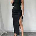 Verdusa Women's Y2k Maxi Dress High Slit Side Drawstring Knit Bodycon Dresses Black Small (Black)