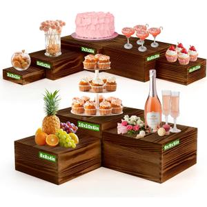 8-Pack Pine Wood Buffet Risers, Multi-Size Nesting Cube Food Display Stands for Buffet Table & Catering, Hollow Bottoms Food Risers for Multi-Level Buffet Presentation-Brown