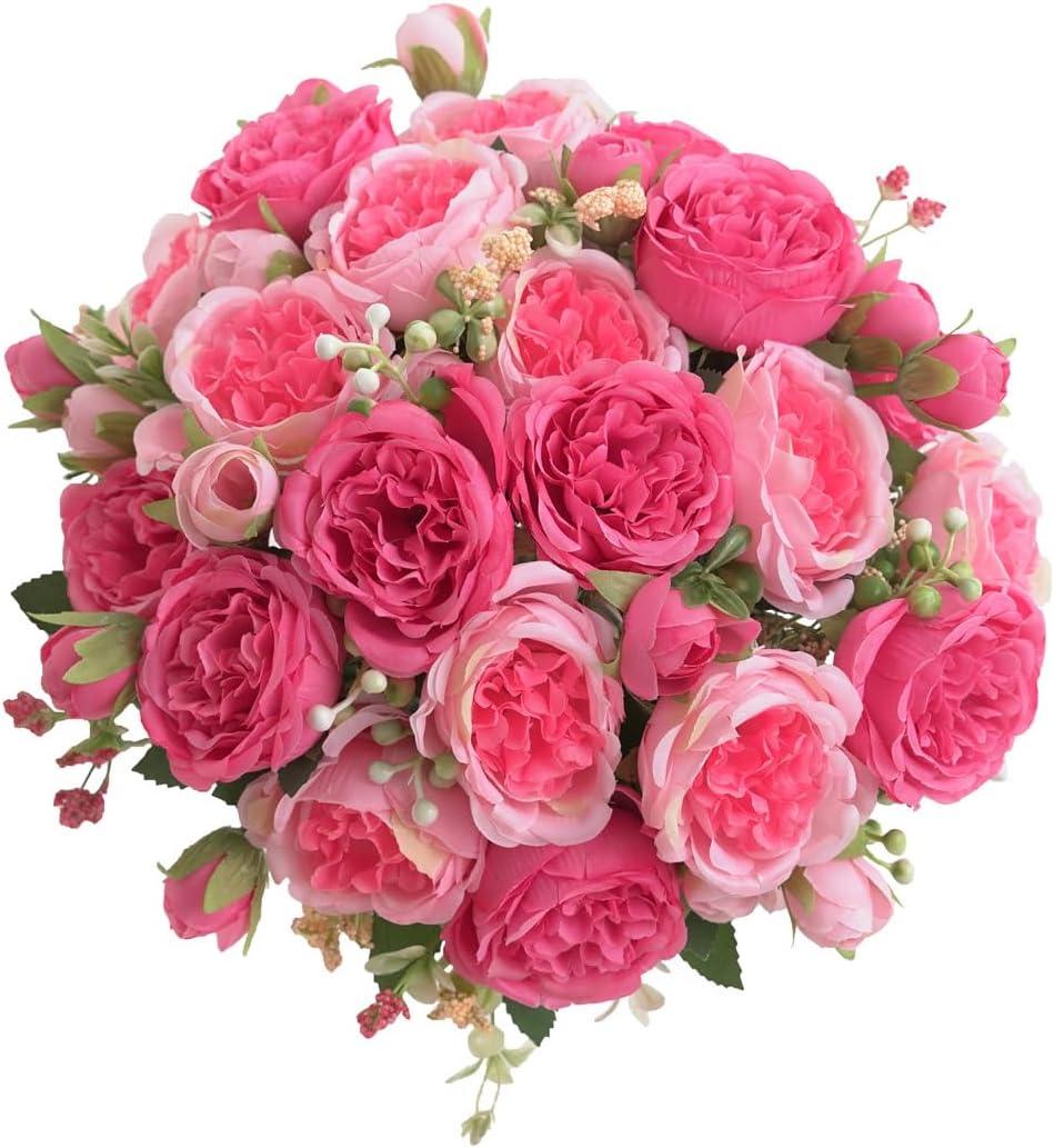 4 Bunches Peonies Artificial Flowers, Silk Peonies Flowers Fake Bouquet Faux Floral Arrangements for Centerpiece Table Wedding Party Home Decor (4, Rose Red & Pink)