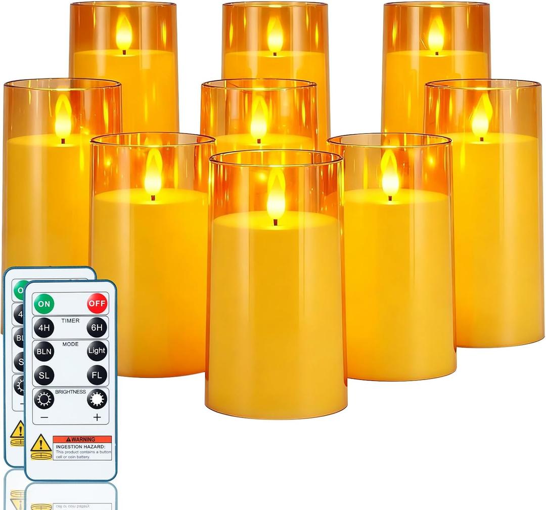 Homemory Amber Flickering Flameless Candles, Battery Operated Acrylic LED Pillar Candles with Remote Control and Timer, Fall Candles, Set of 9