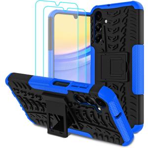 Iokmax for Samsung Galaxy A15 5G Case with 2 Pack Screen Protector,Military Grade Shockproof, Heavy Duty Robust Bumper Cover with Kickstand for Galaxy A15 5G Phone Blue