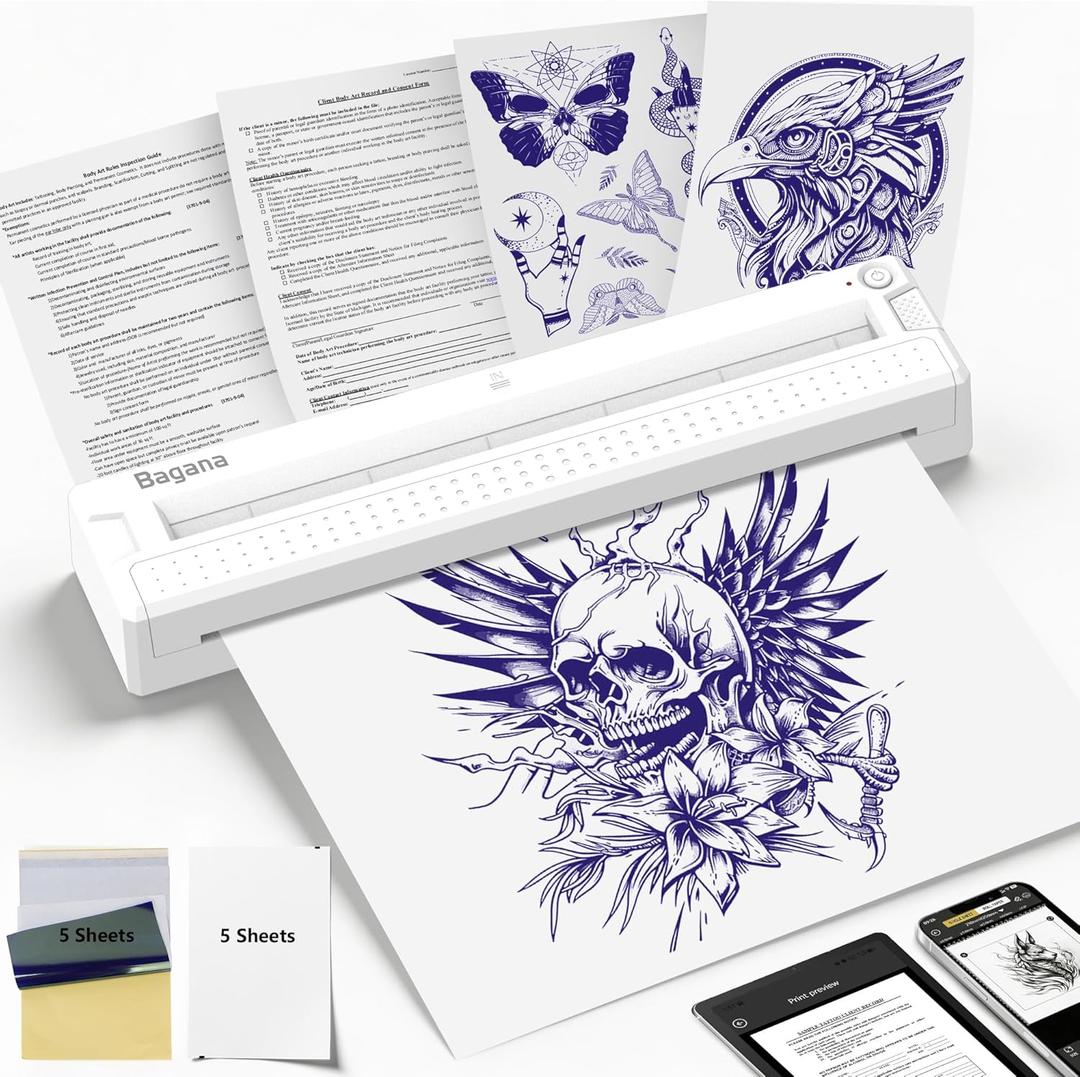 Bagana Tattoo Stencil Printer, 2-in-1 Wireless Bluetooth Thermal Printer for Tattoo Stencils & Documents, Portable Temporary Tattoo Transfer Machine Kit for Tattoo Artist & Beginner, White