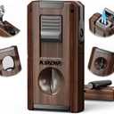 5-in-1 Multifunctional Torch Lighter with Dual Jet Flames, Straight & V Cutter, Punch, Holder, with Gift Box for Men, Refillable Butane Lighters for Travel, Camping, Outdoors (Woodgrain Gray)