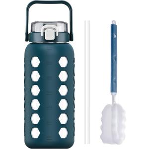 MUKOKO Half Gallon/64 oz Glass Water Bottles with Straw and Lid, Motivational Water Jug with Time Marker Reminder and Silicone Sleeve,100% Leakproof BPA Free Fitness Sports Large Bottle-Blue