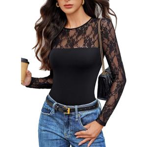 Avidlove Lace Long Sleeve Bodysuit for Women Crew Neck Body Suits Slimming Going Out Concert Tops Fall Outfits (Medium, Black)