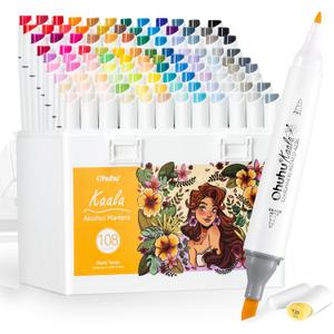 Ohuhu Alcohol Markers 108 Colors: Fine & Slim Broad Chisel Dual Tips Alcohol-based Refillable Art Markers for Artist Adult Coloring Book Illustration Drawing Manga 108 Set- Kaala