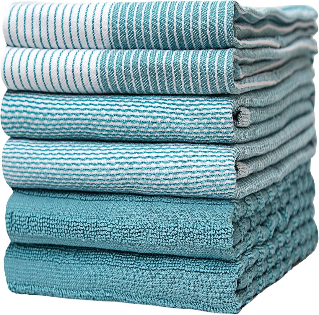 Premium Kitchen Towels (20x 28, 6 Pack) | Large Cotton Dish Towels | Flat & Terry Highly Absorbent Kitchen Linen Set with Hanging Loop | Aqua