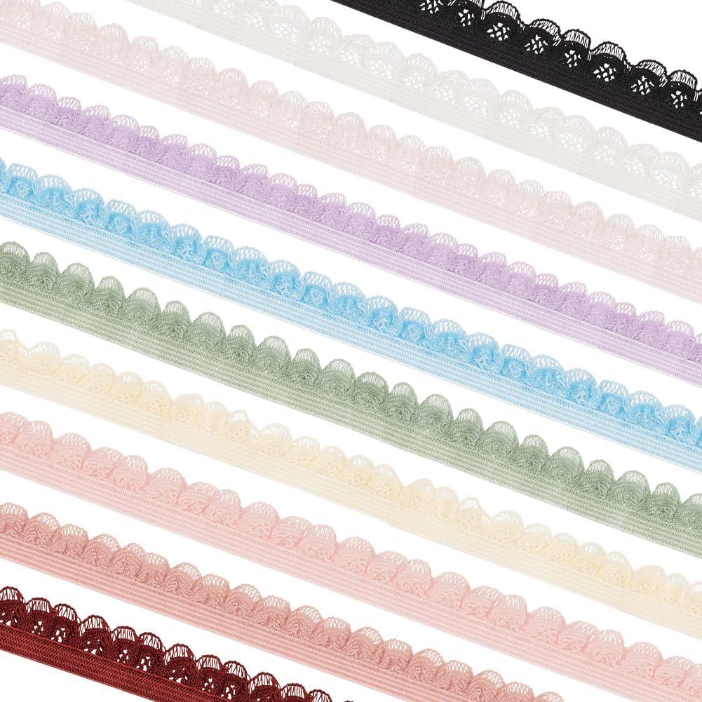 BENECREAT 10Pcs 20 Yards Nylon Elastic Lace Trim Ribbons, 10 Colors 1/2 Inch Wide Flower Edge Elastic Stretch, Ruffled Lace Elastic for Underwear Sewing Decor Craft DIY