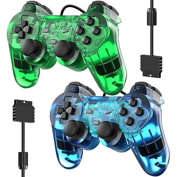 Wireless Controller Compatible with PS-2 Console, Remote Gamepad for Play 2 (Green and Blue)