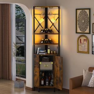6-Tier Corner Bar Cabinet with Power Outlet & LED Light, Industrial Wine Cabinet w/Glass Holder & 2 Flexible Hooks, Farmhouse Liquor Cabinet with Door for Small Space, Kitchen, Rustic Brown