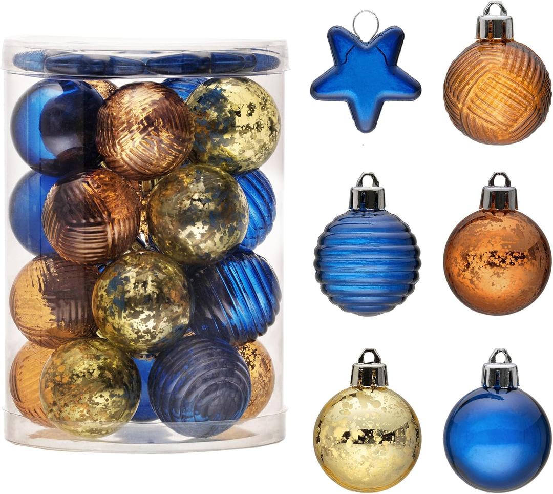 2 x DecorbyHannah Mini Christmas Tree Ornaments, 25ct 1.57inches Blue Gold Christmas Ball Ornaments for Tree Decorations, Small Clear Shatterproof Plastic Hanging Balls Bulk for Xmas, Party, Wedding