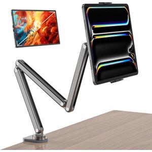 Aluminum Alloy Foldable Tablet Arm Mount Holder - Compatible with iPad, Samsung Galaxy Tab & More 7-15.6'' Tablet Portable Monitor (Gray)