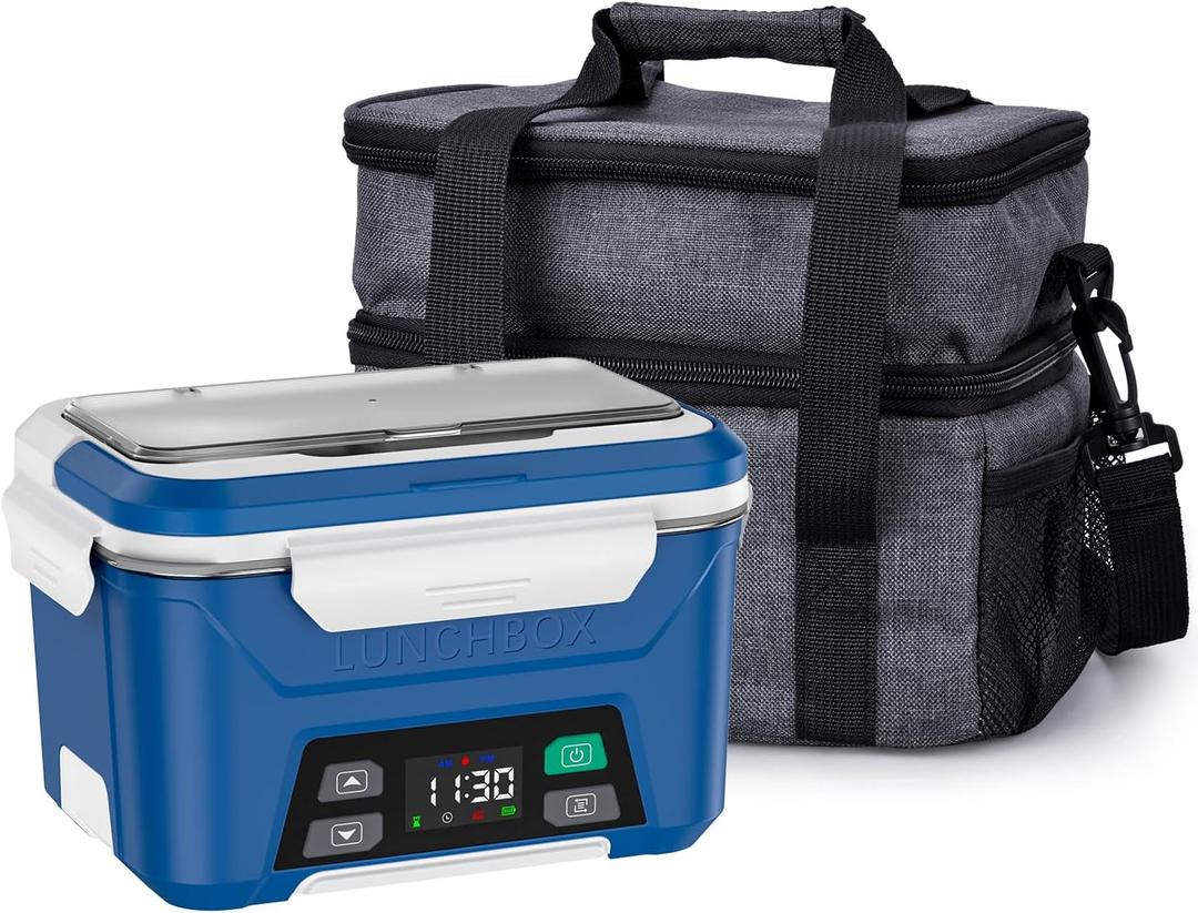 EAST OAK Cordless Electric Lunch Box for Adults, Heated Lunch Box Battery Powered with Automatic Heating, 5.5 Cups Portable Food Warmer with Insulated Carry Bag (Large, Navy Blue)