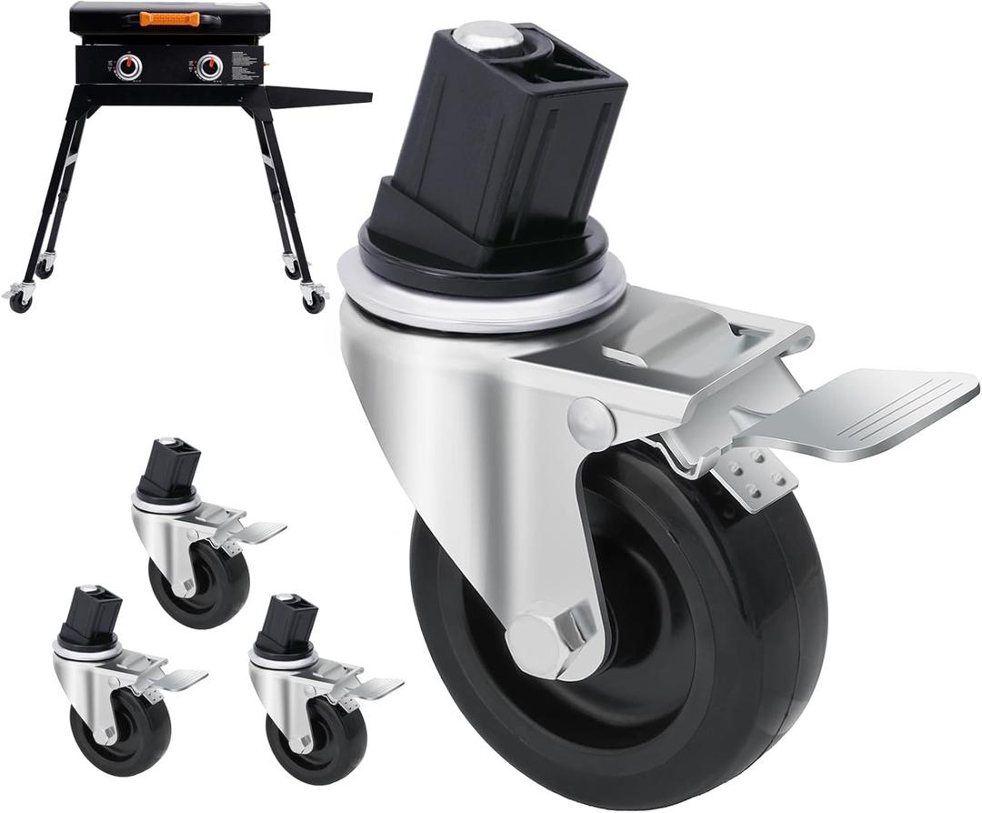 3 Inch Caster Wheels for Blackstone Griddle Stand, Wheels Kit with Brake, 360 Degree Silky Swivel, Griddle Accessories for Blackstone 22'' or 17'' Table Top Grill Stand, Set of 4 (Casters Only)